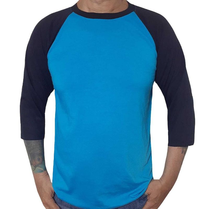 kaos raglan pria wanita 3/4 - biru Turkish  tangan hitam