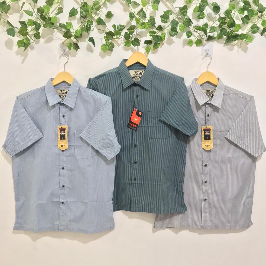 RVC75 - Kemeja Katun Pria Lengan Pendek S M L Kemeja Kasual Cowok Motif Garis Pakaian Laki-laki Atas