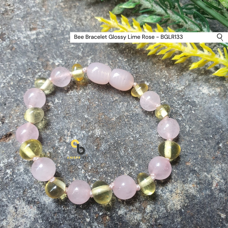 Gelang Amber Baltic Anak dan Balita Premium Glossy Lime Gemstone Rose BGLR133 By Amber Bee