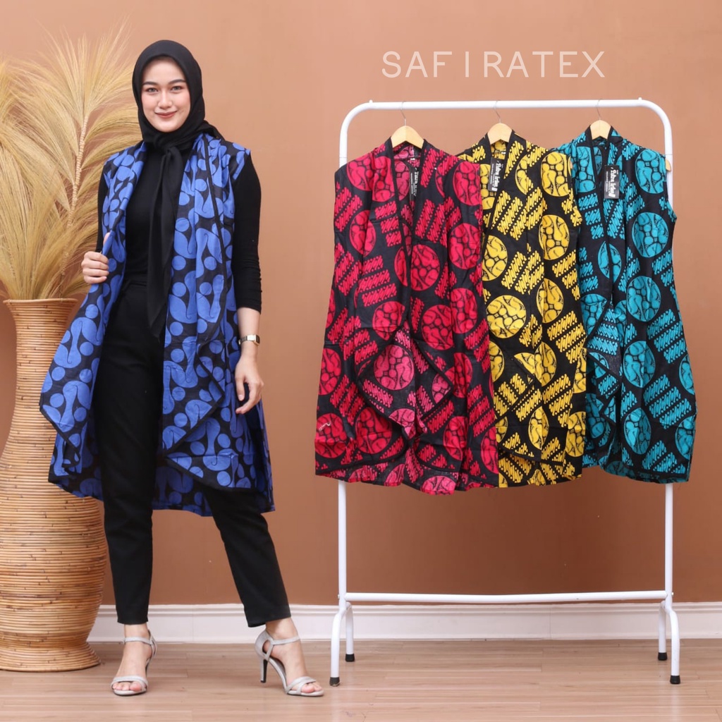 Vest batik wanita cardigan batik kantoran katun primis - Biru