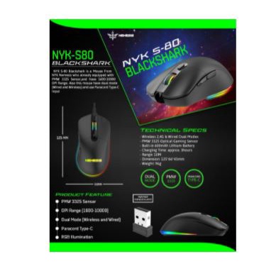 Mouse gaming Nyk nemesis wired type-c wireless 2.4ghz mode optical 10000dpi 7d rgb s-80 Black shark s80 blackshark