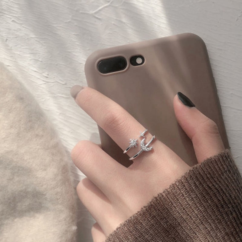 Cincin Open Ring Adjustable Desain Bulan Sabit Hias Zircon Mikro untuk Wanita