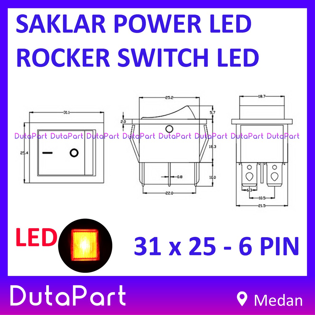 Saklar Power Rocker Switch LAMPU ON OFF 35mm x 21mm 6 PIN Kaki 16A250VAC