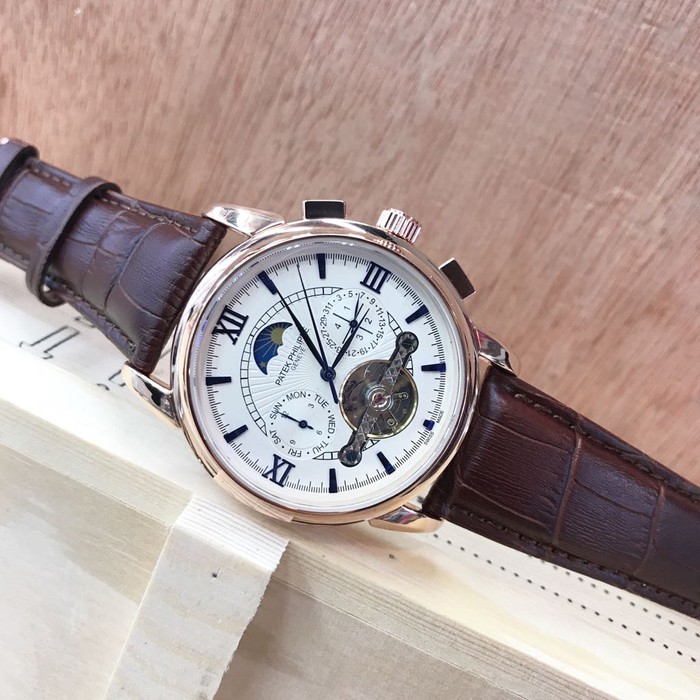 New Jam Tangan Pria Cowok Patek Philippe Automatic Leather Black Rosegold