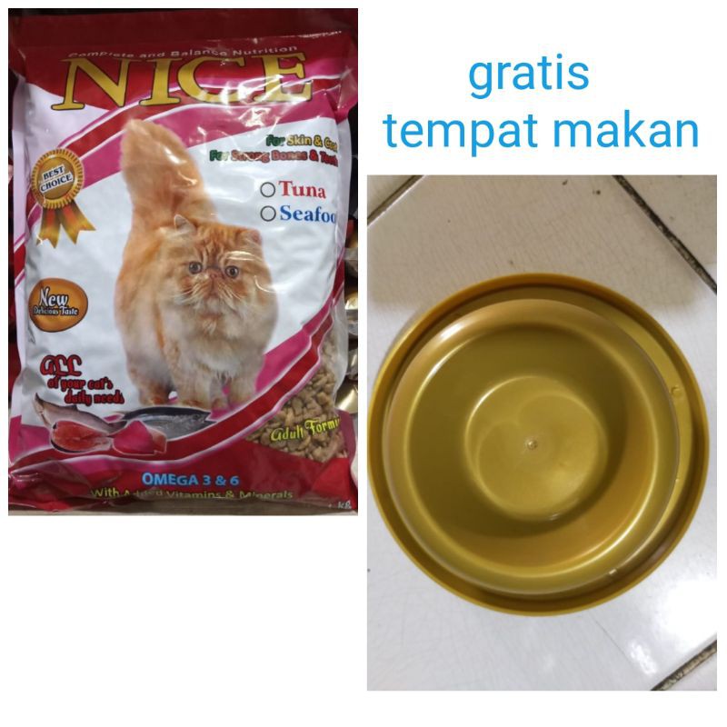 NICE 1kg gratis Tempat Makan Kucing/ Makanan Kucing Kering Repack Murah Paket Hemat Murah
