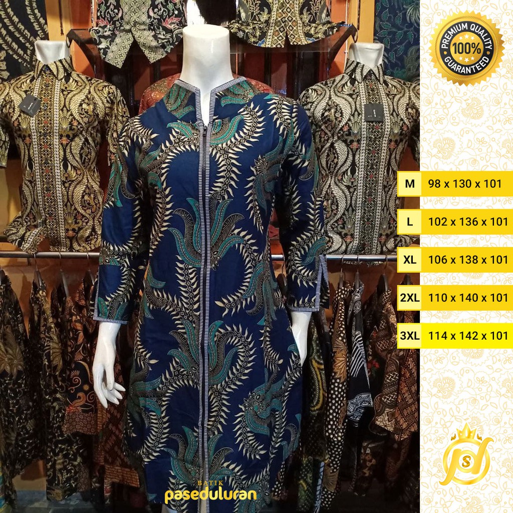 Tunik Wanita Batik Atasan Premium Motif Bunga Kobes Warna Biru Navy Resleting Panjang Terbaru