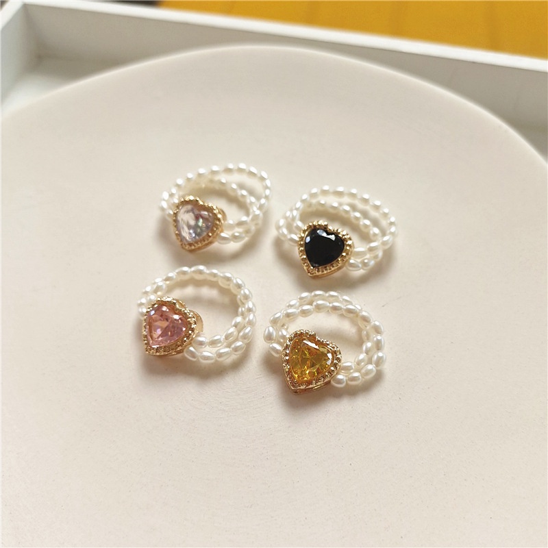 Cincin Mutiara Berlian Imitasi Bentuk Hati Bahan Alloy Untuk Wanita