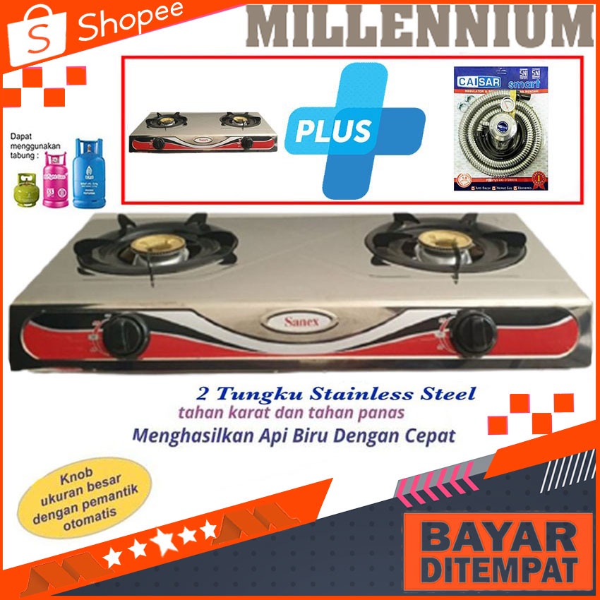 Kompor Gas 2 Tungku Sanex Plus Selang Regulator SNI Kompor Stainless