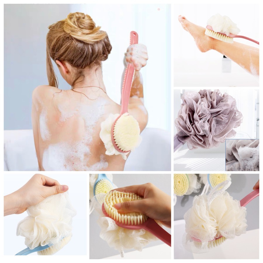 Shower Puff + Sikat Gosok Punggung Gagang Panjang Spons Mandi 2 Sisi /Sikat Gosok Badan Mandi Sikat + Spons Sponge Puff