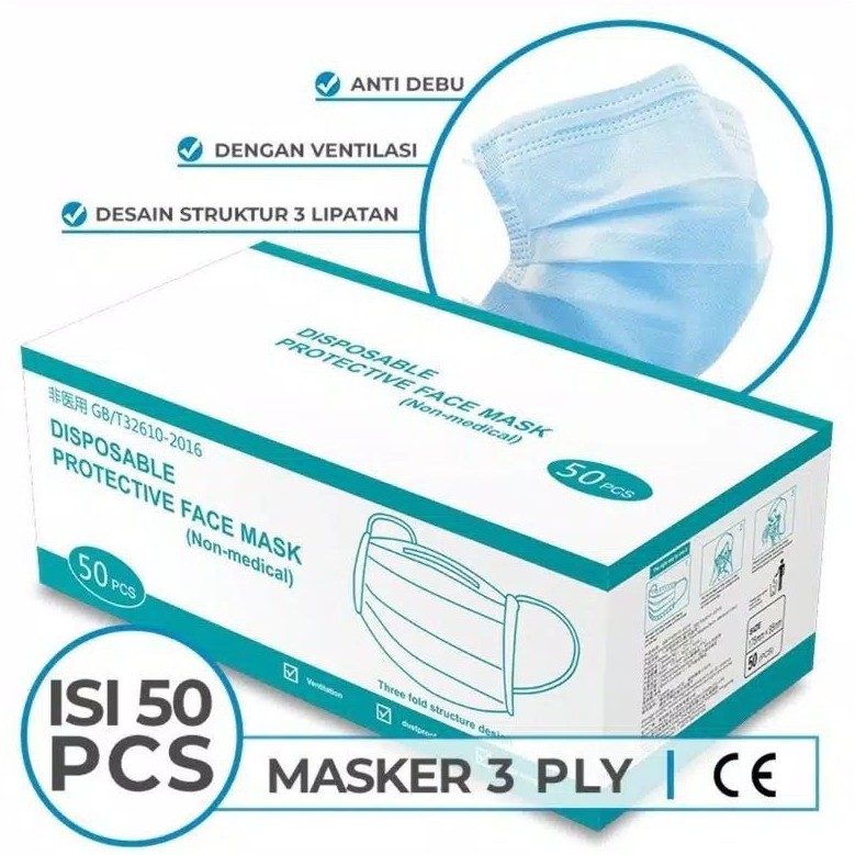Termurah || Masker 3ply Earlop DIPOSABLE FACE MASK 1BOX ISI 50pcs | Masker Medis | Masker Sensi