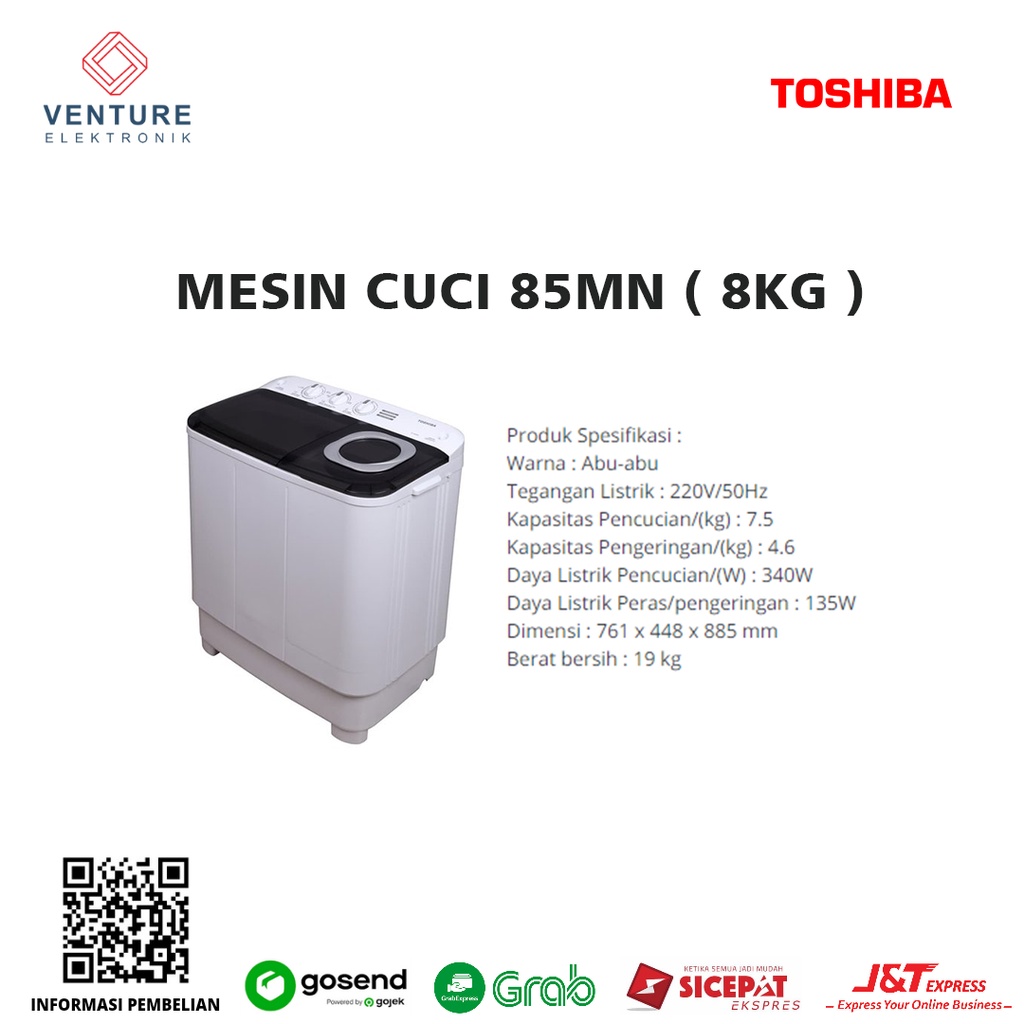 MESIN CUCI TOSHIBA VH-H 85 MN 7,5KG 2 TABUNG 85MN 7,5 KG LOW WATT