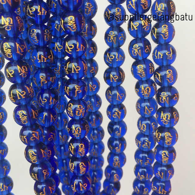 batu tibet mani padme hum biru blue 8mm kristal kuarsa lapis emas ukir