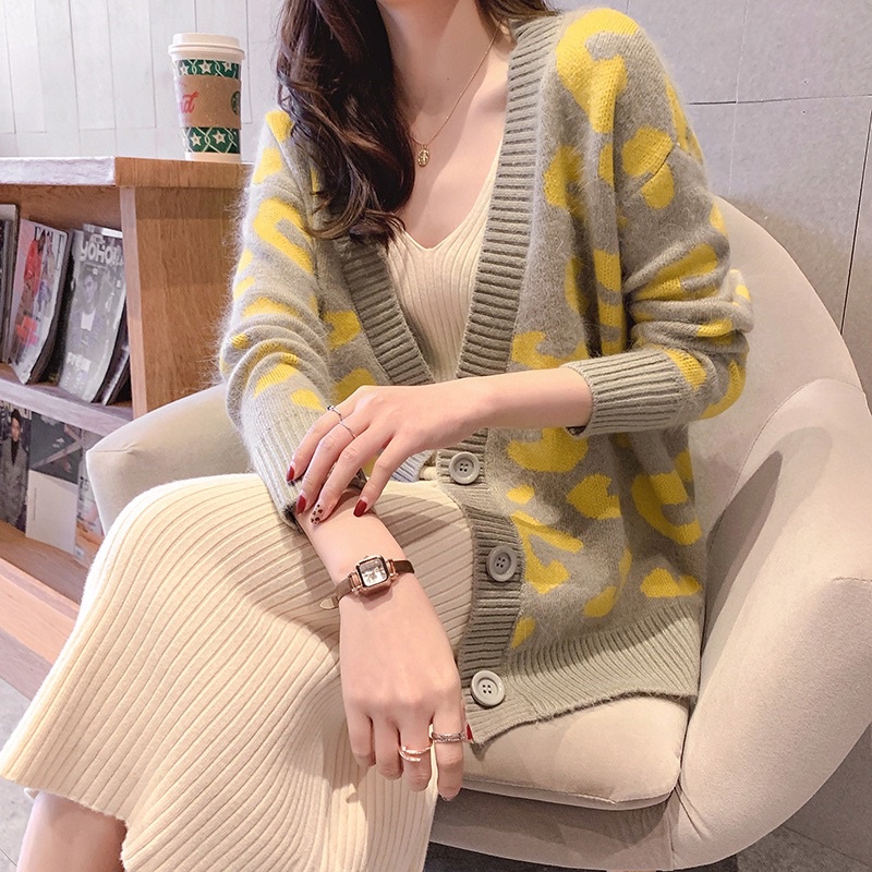 Printed Knit V Neck Cardigan Korean Style Import Premium