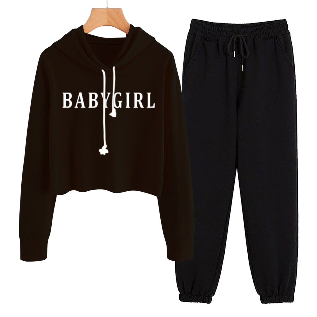 BESS - Baju Setelan Wanita Murah / Setelan Hoodie Crop + Jogger Hitam - BABYGIRL