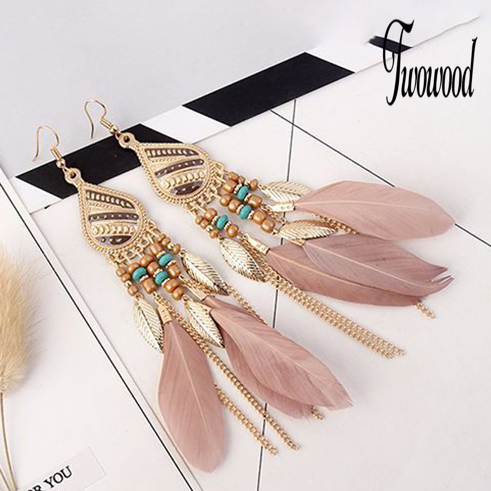 Anting Hook Panjang Menjuntai Aksen Bulu Gaya Vintage Untuk Wanita