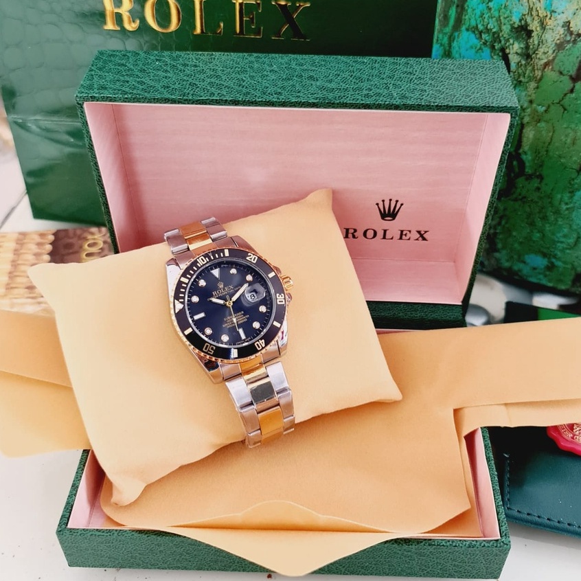 Jam tangan pria Rolex komplit box hijau jam pria tahan air analog tanggal aktif