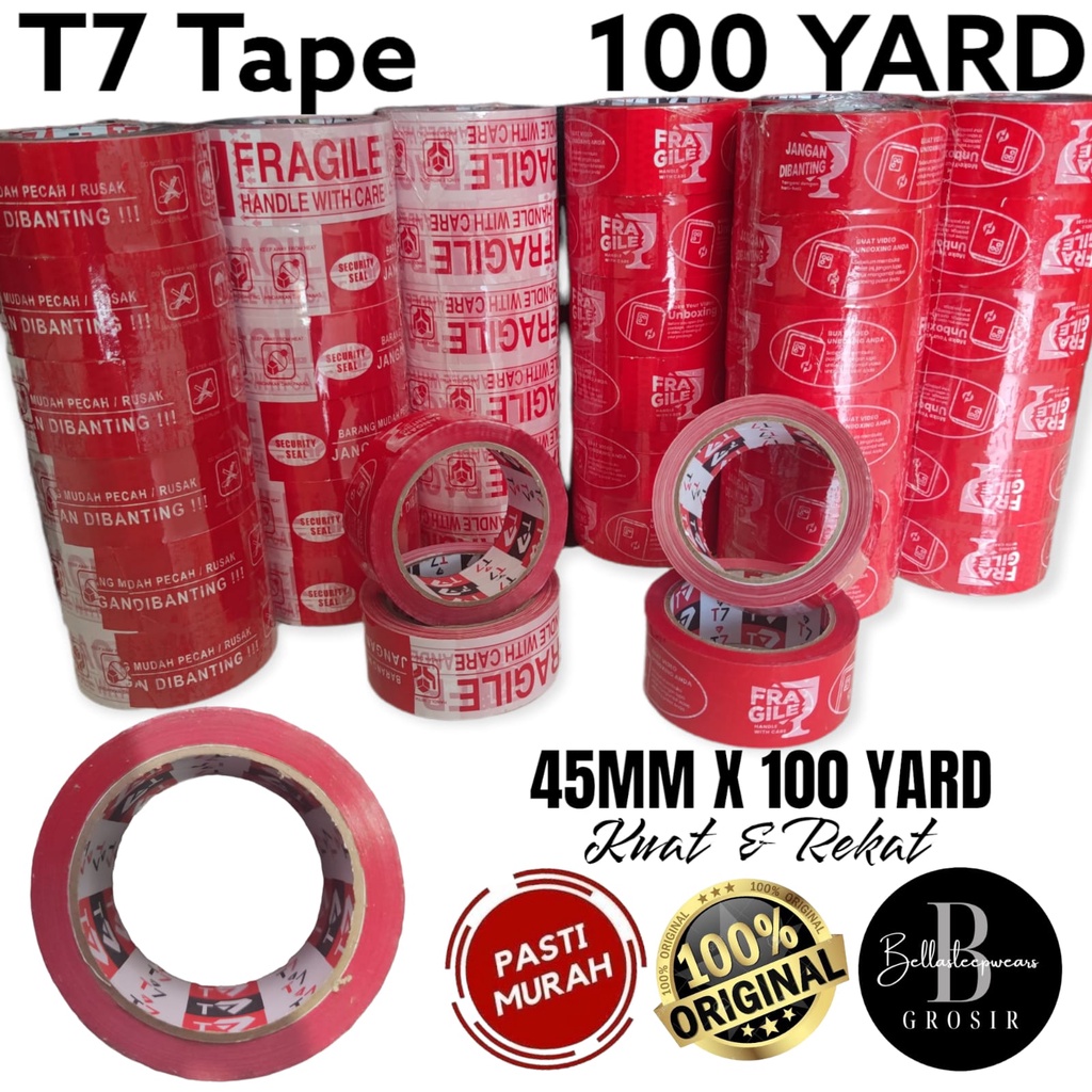 45 MM X 100 YARD - MURAH - LAKBAN T7 TAPE MERAH FRAGILE / UNBOXING ISOLASI / PLAKBAN / SELOTIP PEREKAT ROLL