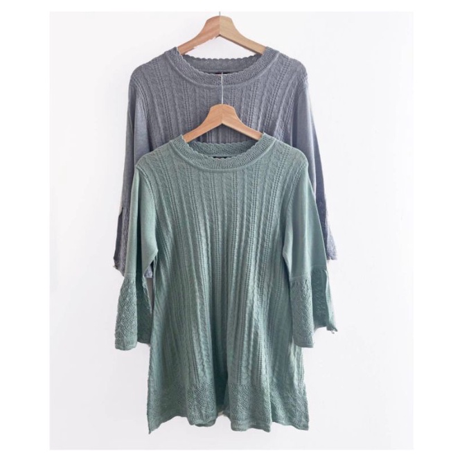 Amelie green n grey crochet knit bellsleeve top