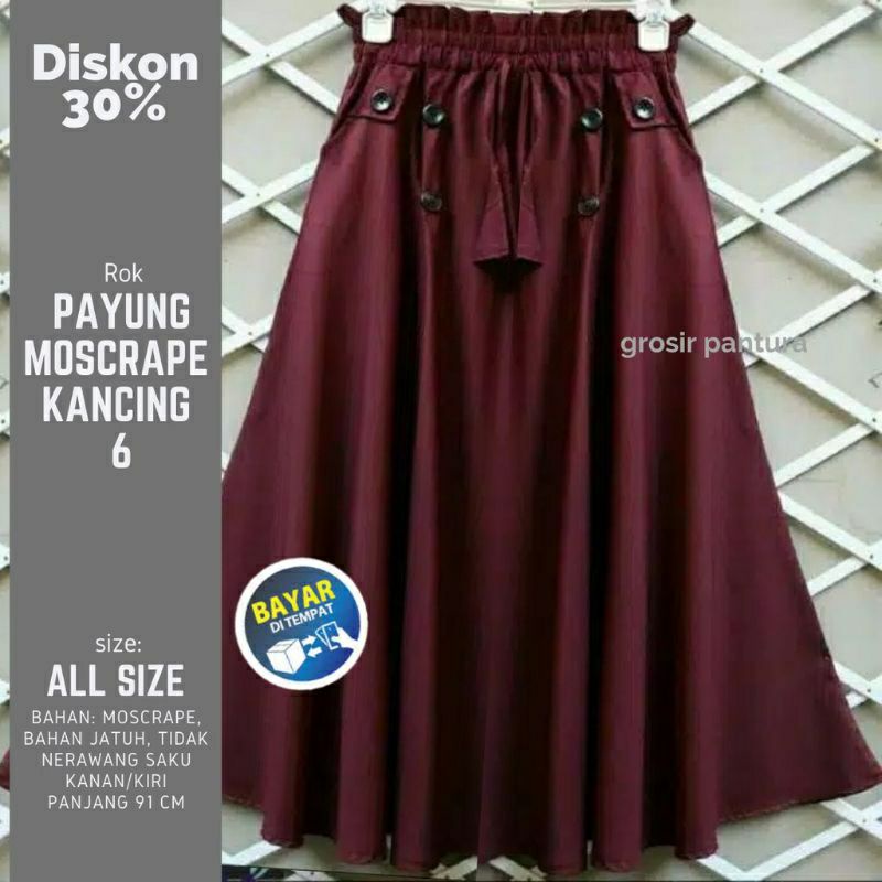 ROK PANJANG PAYUNG JUMBO WANITA BAHAN MOSCRAPE BAWAHANA WANITA MUSLIM ROK KAIN KANCING CEWEK