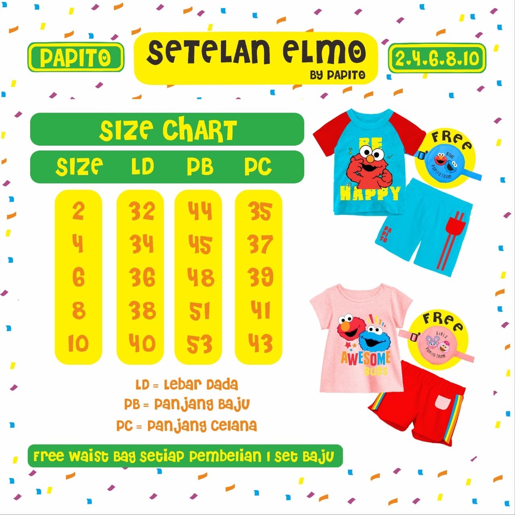 SETELAN ANAK UNISEX MOTIF ELMO BONUS WAISTBAG USIA 2-10 TAHUN