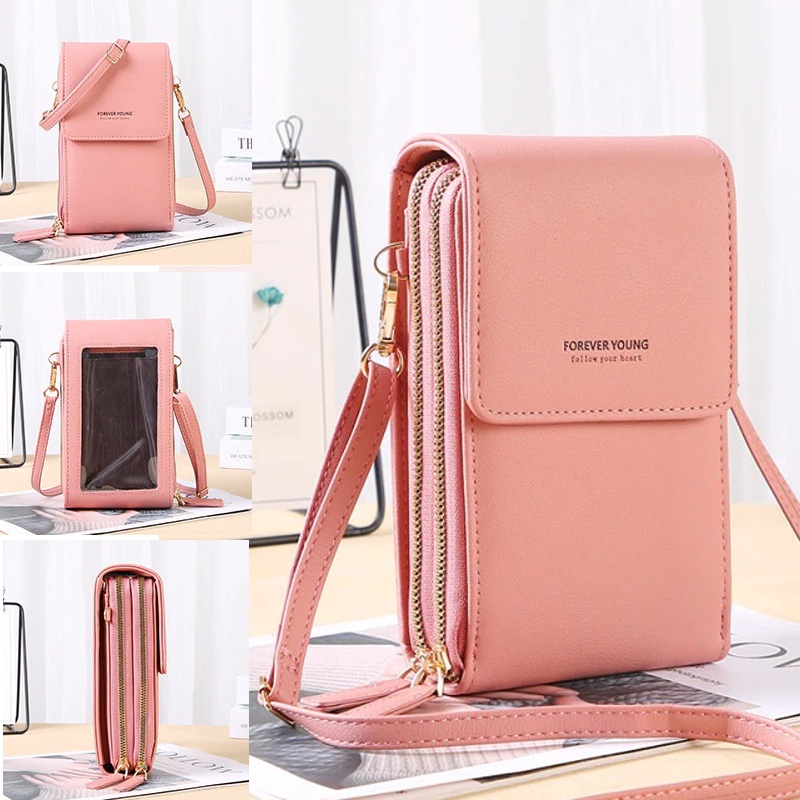 tas wanita Hp Selempang Transparan Model Impot Branded Bahan Miniso Forever Young Harga Murah (KATIE