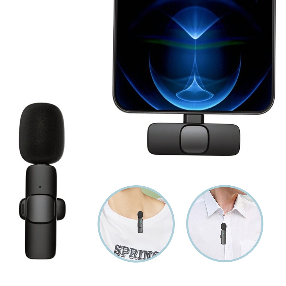 Microphone Wireless Mikropon Bluetooth Clip On HP Vlog Microfon Youtuber Recording Portable Mic for iPhone Lighting and Android Type C Smartphone Condenser