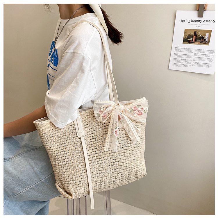 DBCOL Tas Tote Wanita Bahan Anyam Jerami Resleting/Totebag Fashion Korea Anyam Kulit Impor