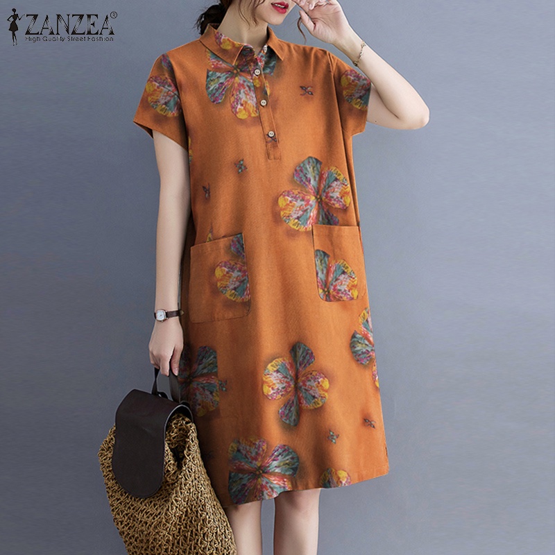 ZANZEA Women Summer Short Sleeved Floral Printed Oversized Holiday Short Dress Loose Dress