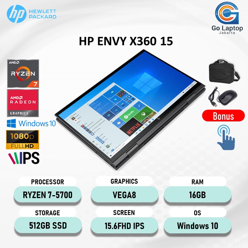 LAPTOP HP ENVY X360 15 TOUCH VEGA8  RYZEN 7 5700 16GB 512SSD 15.6FHD IPS WINDOWS10