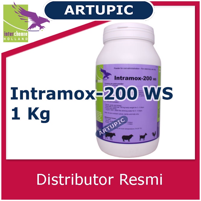 Intramox-200 WS 1 Kg Obat Koli Coli Coryza Kolera Colera Salmonela Berak Kapur Infeksi Pernafasan Pencernaan Perkencingan Bakteri Positif Negatif anak sapi kambing domba babi ayam