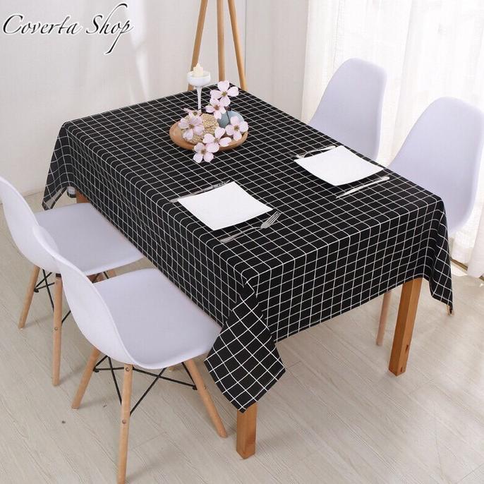 BISA COD Taplak Meja Makan Segi Kain 6-8 Kursi - Motif Kotak Hitam