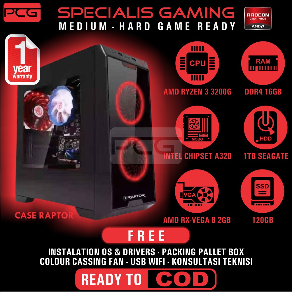 PC GAME RAKITAN KOMPUTER GAMING DESIGN DESAIN GRAFIS RENDERING AMD RYZEN 3 3200G SSD 120GB RAM 16GB