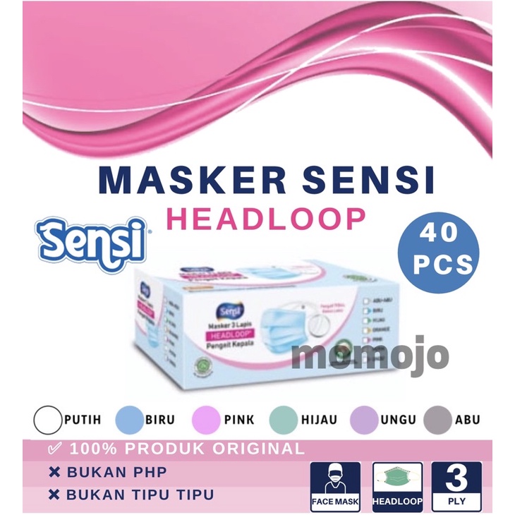 MASKER SENSI FACE MASK MASKER HIJAB 3 PLY HEADLOOP WARNA ISI 40