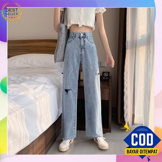 ❤ Cantika ❤ Celana Kulot Jeans Wanita Putih Lilac Hitam Highwaist Denim Jins Cewek Cullote Cutbray L