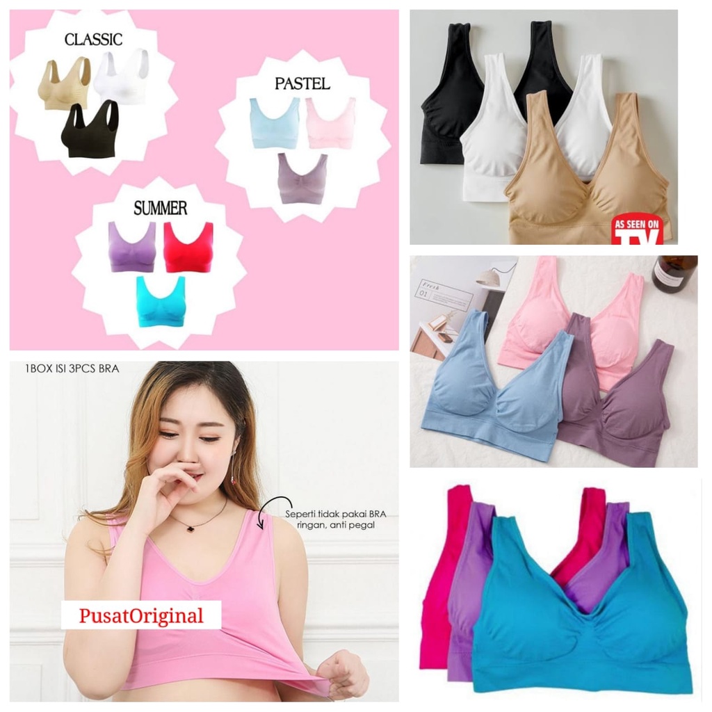 Gennie Japan Sport Push Up Seamless Bra Nyaman Tanpa Kawat With Pads 1 Set 3pcs