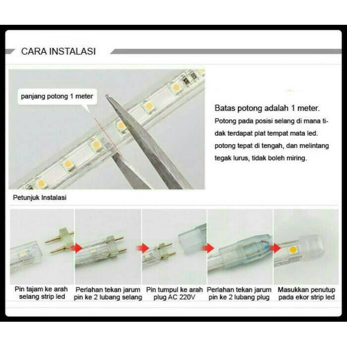 PAKET 10M LAMPU LED STRIP PUTIH + ADAPTOR STRIP LIGHT FLEXIBLE SELANG SMD 5050 LANGSUNG PAKAI 220V