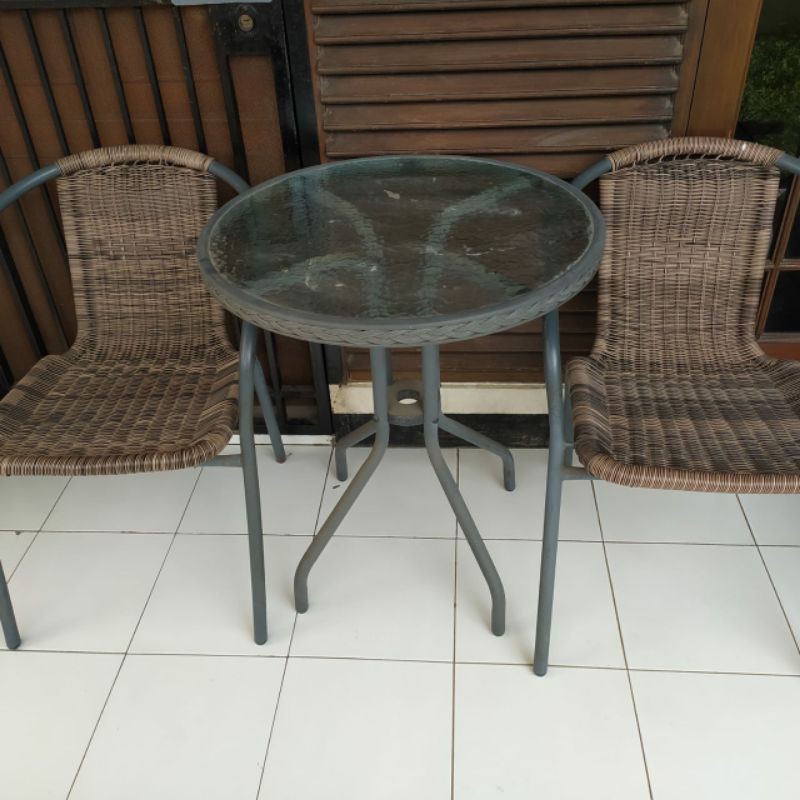 preloved set meja kursi Rotan sintetis teras ace hardware kaca Tempered glass outdoor