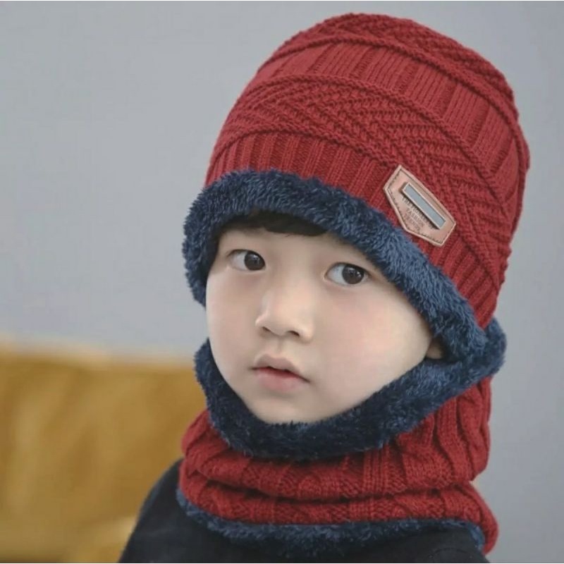 Kupluk Syal Anak Beanie Anak Topi Musim Dingin Set Rajut