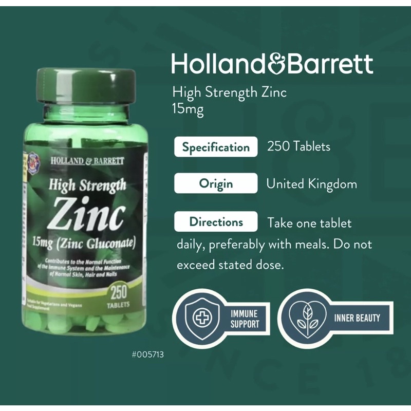 Holland & Barrett High Strength Zinc 250 Tablets 15mg, suplemen