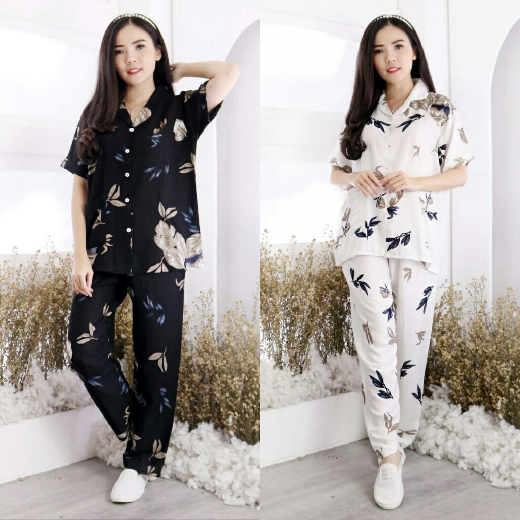 Baju tidur Set Piyama Tie Dye Wanita Celana Panjang  Selvia CP Motif Daun