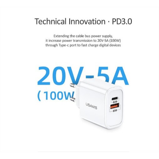 USAMS T15 ADAPTOR CHARGER DUAL PORT PPS PD QC 3.0 18W 3.2A