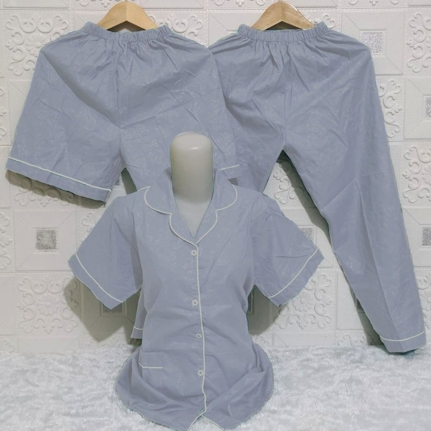 ISANNY PIYAMA SET 3IN1 SIZE.XL/PIYAMA SATIN EMBOS 3 IN 1/WARNA TERBANYAK/READY STOK/REAL PICT-ABU MUDA