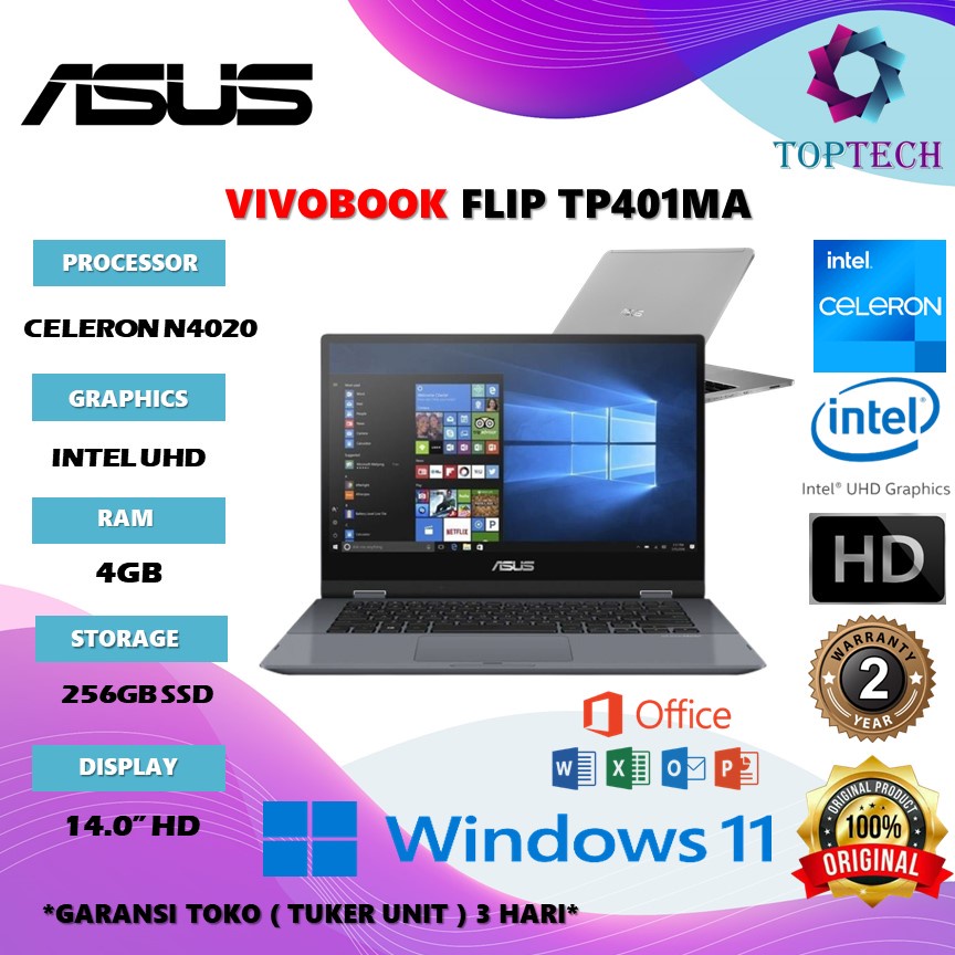 laptop asus vivobook flip tp401ma hd421 2in1 touch celeron n4020 ram 4gb 256gb ssd w11 ohs 14 0