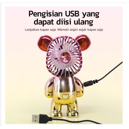 Kipas Angin Mini Portable Karakter Bearbrick VIRAL Meja USB Cas 3 Pengaturan Kecepatan Bentuk Beruang Alas Anti Selip Bagian Bawah Beruang gradiasi Unik lucu