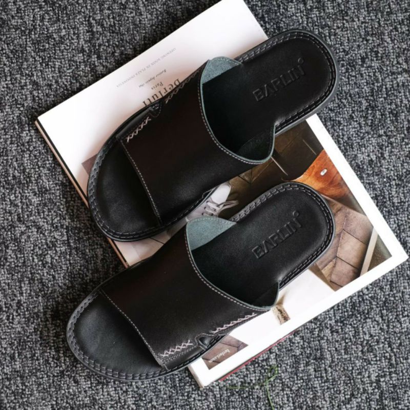 BRLN 001 Black Sendal Pria Casual Kulit Asli Warna Hitam Sendal Slide Slop Santai Full Leather