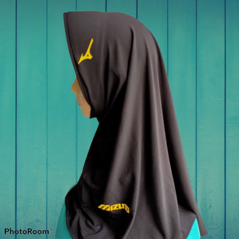 Hijab Sport Hijab Instan Sport Kerudung Olahraga Volly, Bersepedah, Joging Berlogo MIZUNO-Hitam lis kuning