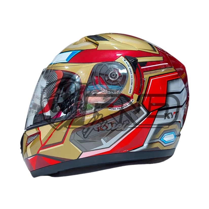 Helm KYT K2R K2 Rider Motif Marvel Iron Man Red Maroon Gold Full Face Double Visor