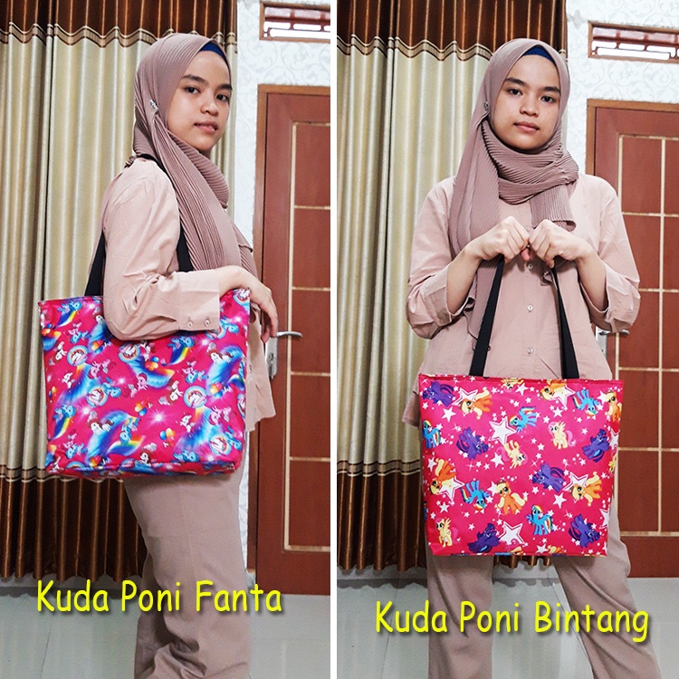 Tote Bag Resleting Murah Terbaru, Tas Totebag Wanita Sleting Motif Lucu Cantik Kekinian