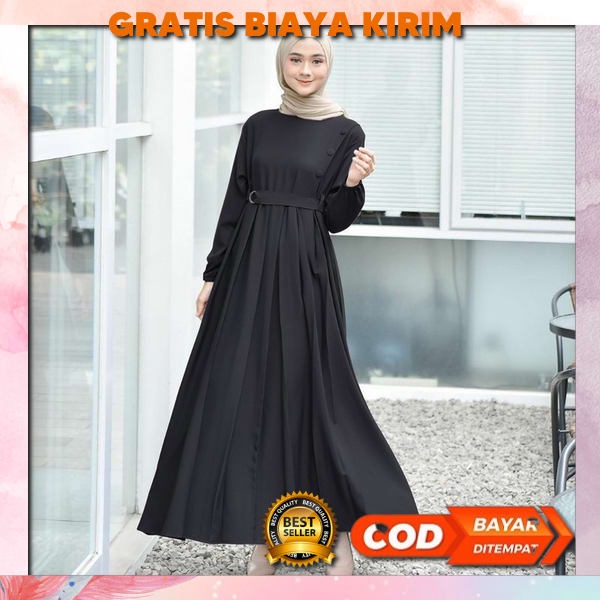 Pakaian Muslim Wanita Gamis Midi Dress Polos Kerah Korea Nabil Collection Original Bahan Rayon Armor