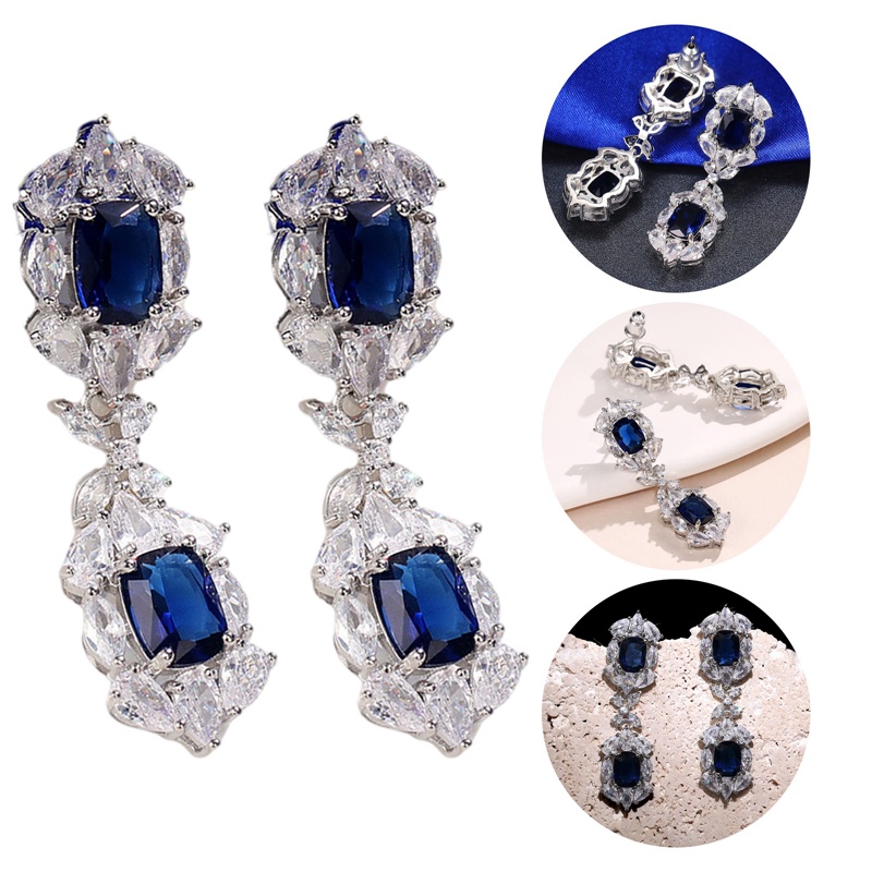 Anting Juntai Cubic Zirconia Warna Biru Untuk Wanita